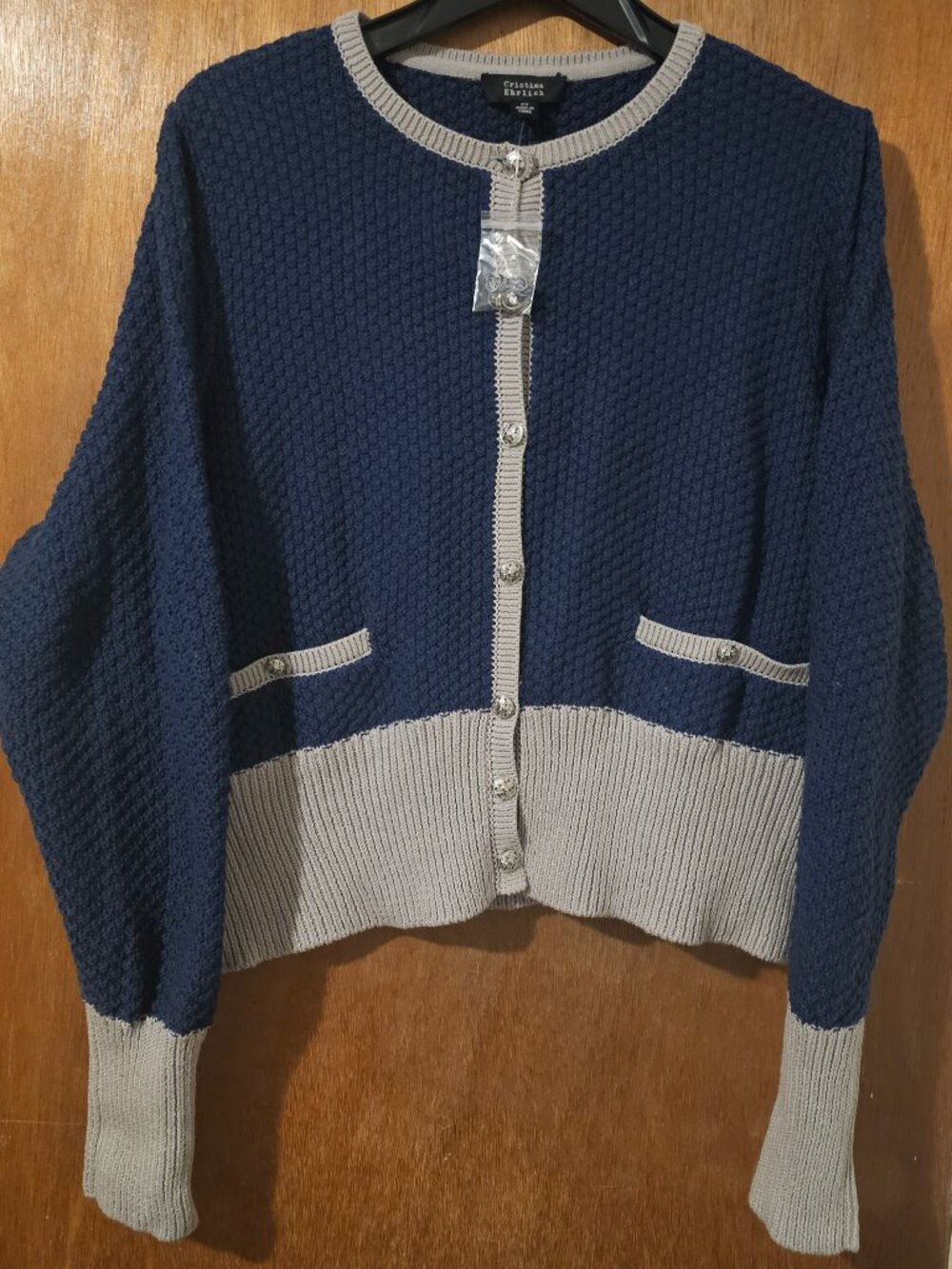 Cristina Ehrlich Navy Gray Buttonup Knit Cardigan NWOT 2X